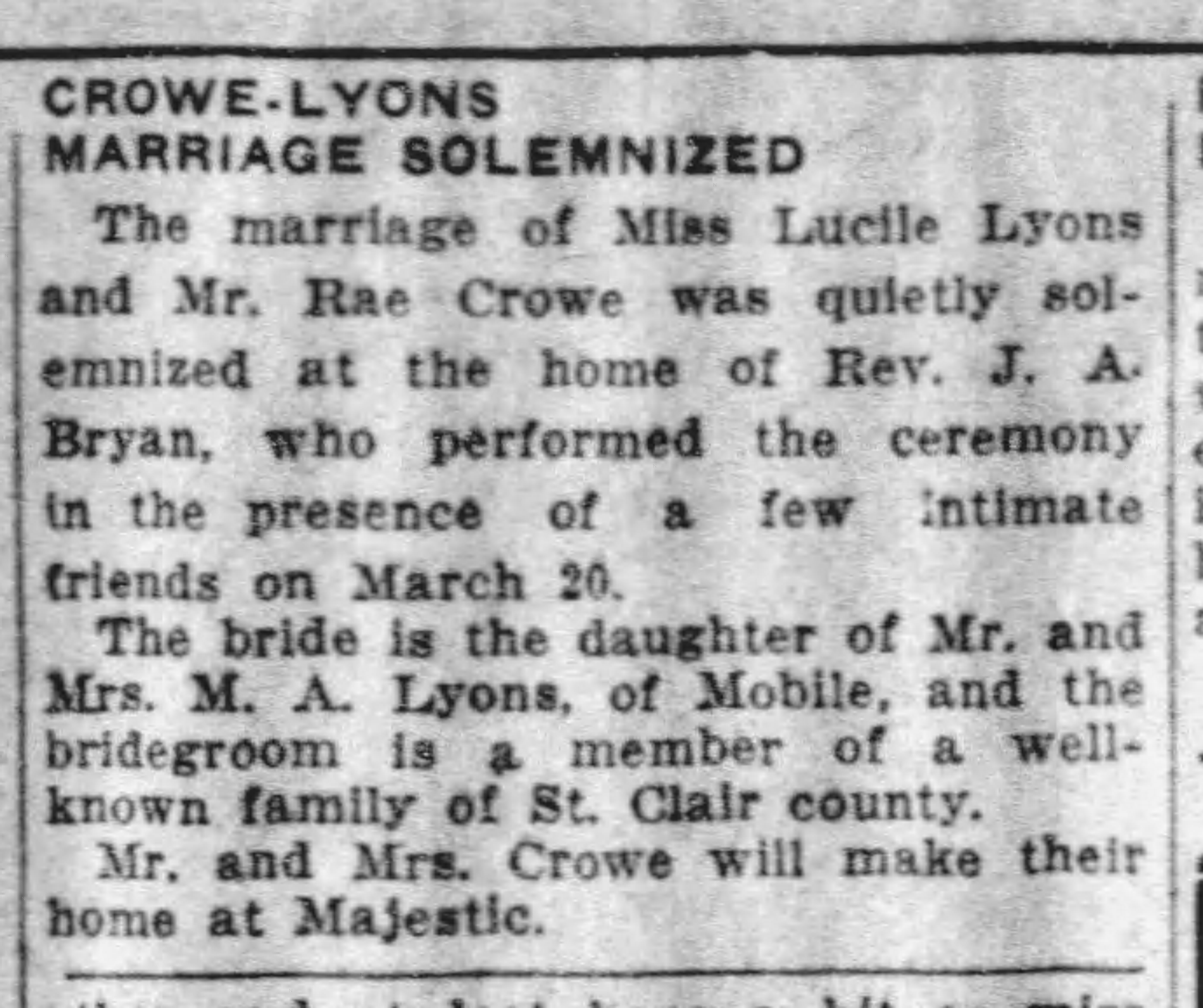 Crowe-Lyons Marriage Solemnized